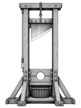 medieval guillotine with wooden frame and sharp blade in a detailed monochrome historical illustration with dark dramatic atmosphere
