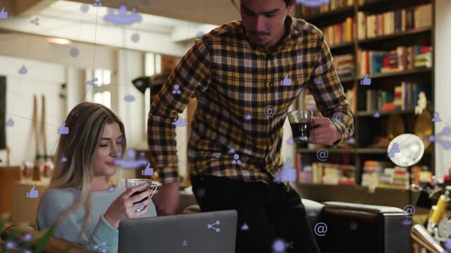 Man offering wine woman taking kissing viewing social media on phone, laptop with floating icons