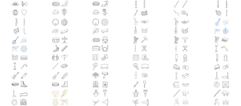 Mega Vector Icon Set of 144 Musical Instrument Icons with Editable Stroke. Professional Bundle Featuring Guitar, Piano, Harp, Banjo, Jazz, Drums, Saxophone, Trumpet, Bagpipes, and Pipe Organ Parts.