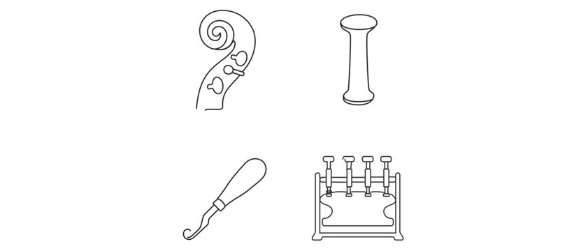 Cello and Violin Luthiery Vector Icon Set with Editable Stroke. Collection of 4 Icons featuring Cello Scroll, Sound Post, Purfling Tool, and Clamping Rack for Musical Instrument Repair and Craft.