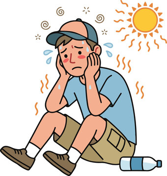 Illustration of a young man sitting under a hot sun, flushed and dizzy, holding his face while suffering from heat exhaustion and dehydration, with a water bottle nearby.