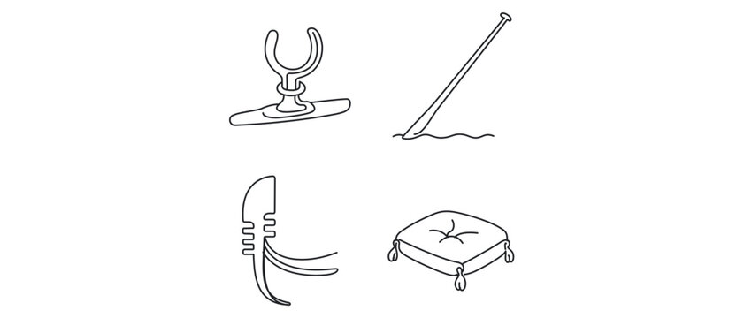Venice Gondola Equipment and Accessories Vector Icon Set with Editable Stroke. Collection of 4 Minimalist Icons: Forcola Oar Lock, Rowing Pole, Ferro Prow Ornament, and Padded Seat Cushion.