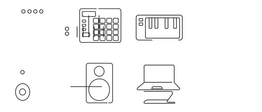 Music Production and Home Studio Equipment Vector Icon Set with Editable Stroke. Collection of 4 Icons featuring Drum Machine, MIDI Keyboard, Studio Monitor Speaker, and Laptop on Stand for EDM.