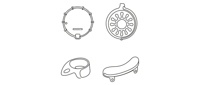Banjo Parts and Hardware Editable Stroke Vector Icon Set of 4. Includes Banjo Head, Resonator Back, Finger Pick, and Armrest. Minimalist Line Art Collection for Music and Instrument Design.