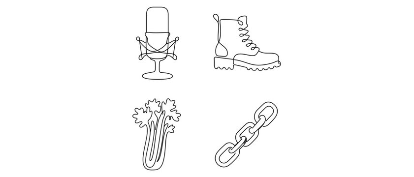 Foley Artistry and Sound Design Vector Icon Set of 4 Icons with Editable Stroke featuring Condenser Microphone, Leather Boot, Celery Stalk, and Metal Chain for Audio Production and SFX.