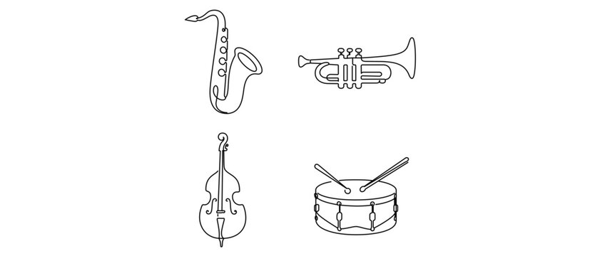 Jazz Musical Instruments Vector Icon Set with Editable Stroke. Collection of 4 Minimalist One Line Art Icons: Saxophone, Trumpet, Upright Bass, and Snare Drum for Bebop and Orchestra Music.