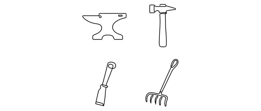 Blacksmithing and Forge Tool Vector Icon Set with Editable Stroke. Collection of 4 Minimalist Line Icons including Anvil, Straight Peen Hammer, Hot Cut Chisel, and Coal Rake for Artisan Metalworking.