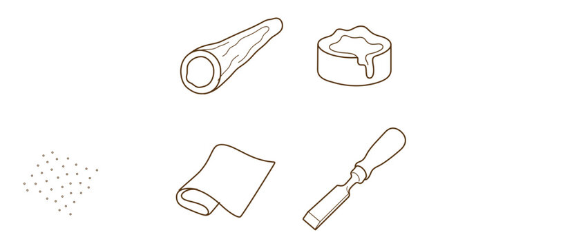 Didgeridoo Crafting Vector Icon Set with Editable Stroke: Hollowed Log, Beeswax Mouthpiece, Sandpaper, and Carving Chisel. Collection of 4 Artisan Hobby Icons for Woodworking and Music Projects.