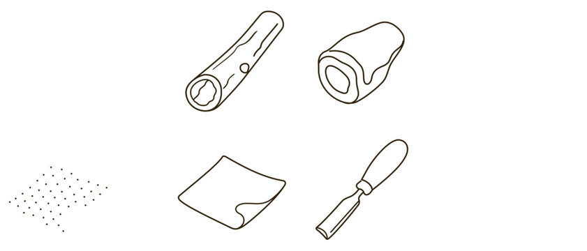 Didgeridoo Crafting and Woodworking Artisan Hobby Vector Icon Set with Editable Stroke. Collection of 4 Icons featuring Hollowed Log, Beeswax Mouthpiece, Sandpaper, and Wood Carving Chisel Tool.