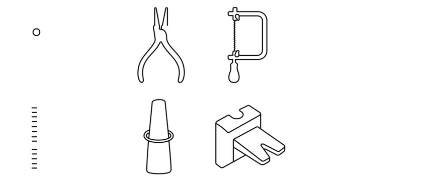 Jewelry Making Tools Vector Icon Set with Editable Stroke featuring Round Nose Pliers, Jeweler's Saw, Ring Mandrel Sizer, and Bench Pin for Artisan Crafts and Handmade Jewelry Design.