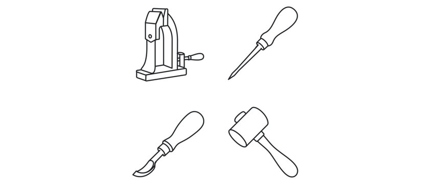 Leatherworking Tools Editable Stroke Vector Icon Set featuring Stitching Pony, Diamond Awl, Edge Beveler, and Mallet for Leathercraft, Artisan Hobbies, and DIY Crafting Projects.