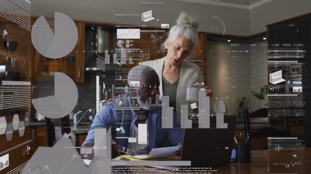 Man reviewing bills and looking stressed, woman leaning over guiding with animated finance charts