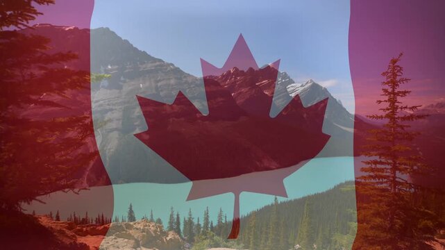 On playback start faint Canadian flag shifting, tilting, changing opacity to reveal mountain lake