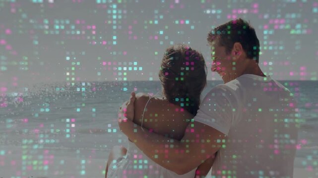 Man placing arm around woman, couple leaning, watching ocean with pixel overlay for marketing