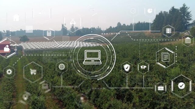 HUD appearing over orchard, ring shifting to laptop while hex icons pulsing, visualizing crop data