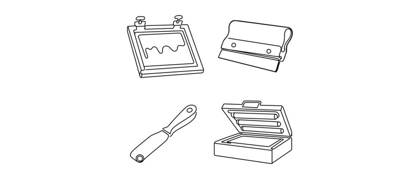 Screen Printing Equipment Vector Icon Set with Editable Stroke. Collection of 4 Icons including Silk Screen Frame, Squeegee, Ink Spatula, and UV Exposure Unit for DIY Printmaking and Craft Projects.