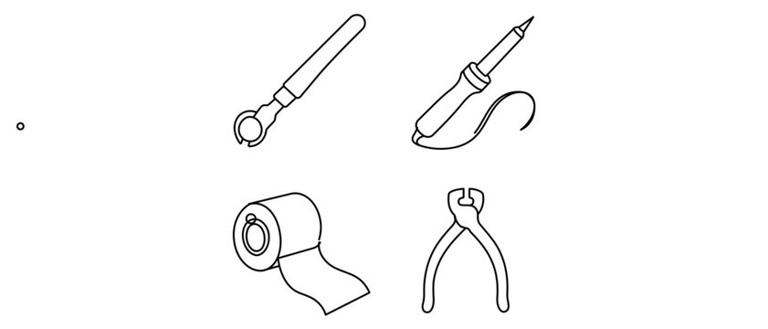 Stained Glass Making Tools Vector Icon Set with 4 Minimalist Line Icons: Glass Cutter Wheel, Soldering Iron, Copper Foil Roll, and Grozing Pliers. Customizable Design with Editable Stroke Weight.