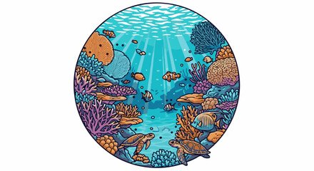Underwater coral reef teeming with colorful fish and sea turtles © batenx