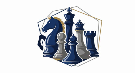 Group of chess pieces and a horse on a geometric frame © batenx