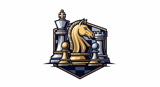 Stylized chess pieces in golden and silver tones, against a dark background