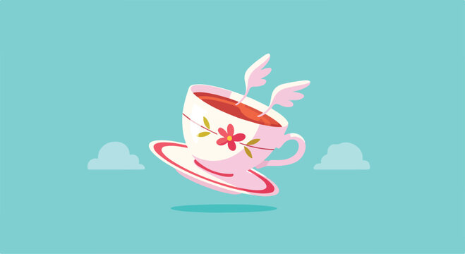 A whimsical pink teacup with wings floats amidst clouds