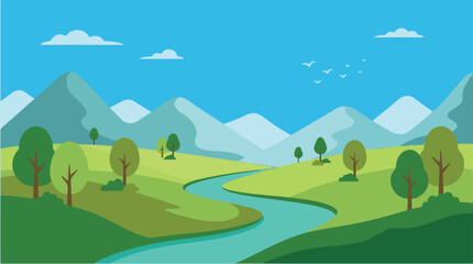 Fototapeta premium Illustration of a peaceful natural landscape with rolling green hills, mountains, and a winding river under a clear blue sky.