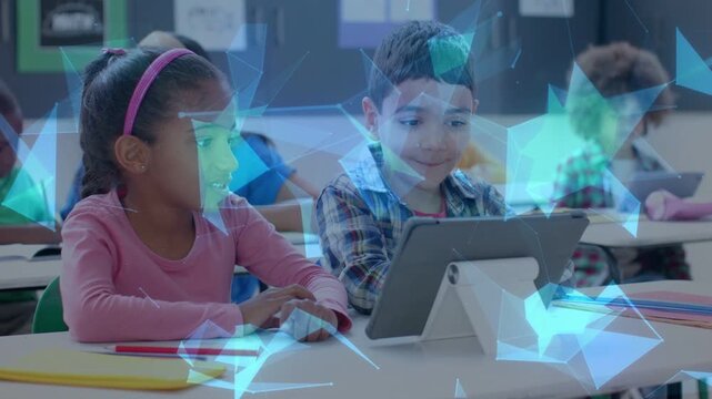 Girl watching as boy tapping tablet in class causing AR overlays over kids highlighting education