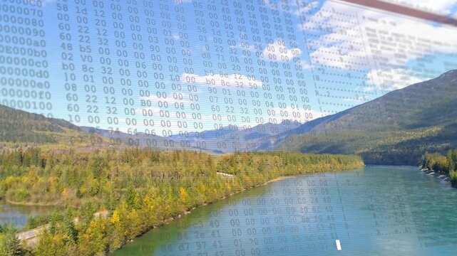 Camera panning rightward, river curving and shoreline revealing while hex overlay rising from glass
