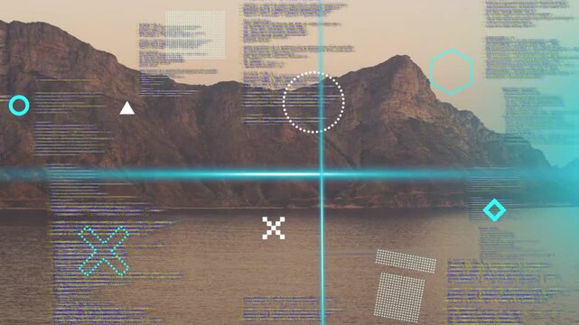Soft teal beam appearing, ridge and water staying calm while HUD shapes animating to visualize data