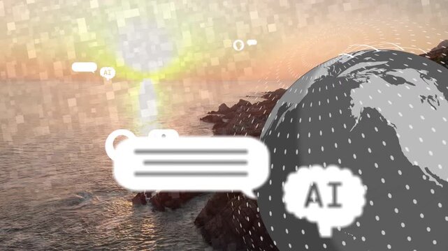 Mosaic appearing, globe rotating, chat bubbles popping and drifting, showing AI network on coast