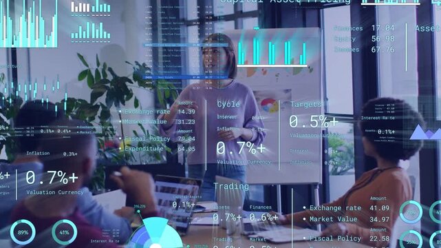 Woman presenter standing near flipchart starting briefing and animating finance HUD overlaying team