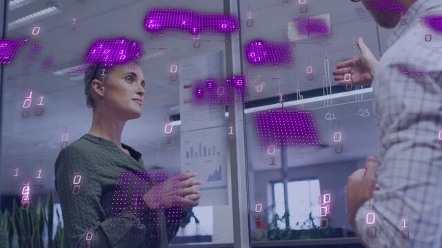 Business duo man pointing and woman analyzing Q1-Q3 bars, activating purple overlay covering glass