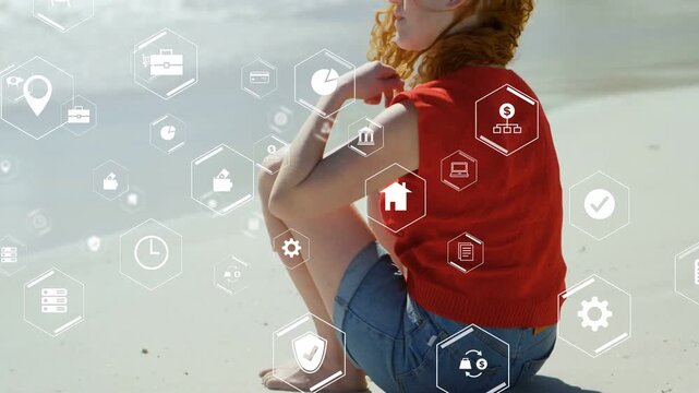 Camera revealing, woman shifting while hex icons overlaying, growing, visualizing finances