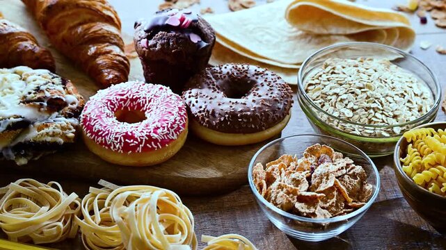 Composition with variety of food products containing gluten.