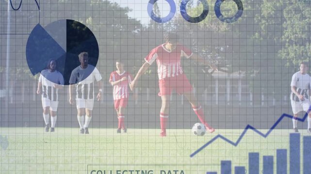 Red player stepping onto ball and dribbling on pitch, sports analytics panel collecting analysing