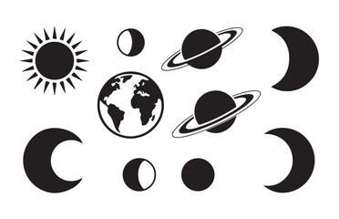 Set of celestial icons including sun earth and moon phases along with ringed planets in black silhouettes. © Sumon