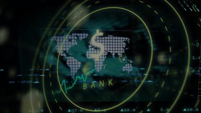Rings pulsing glowing dollar sign holding rising bars moving ticks fading map showing bank value
