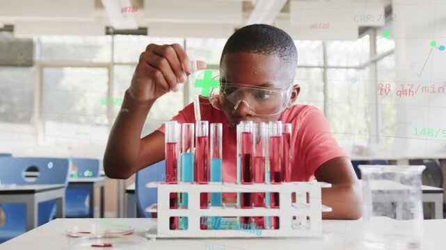 Student pipetting from tube rack into petri dish for science test, green overlay tracking actions