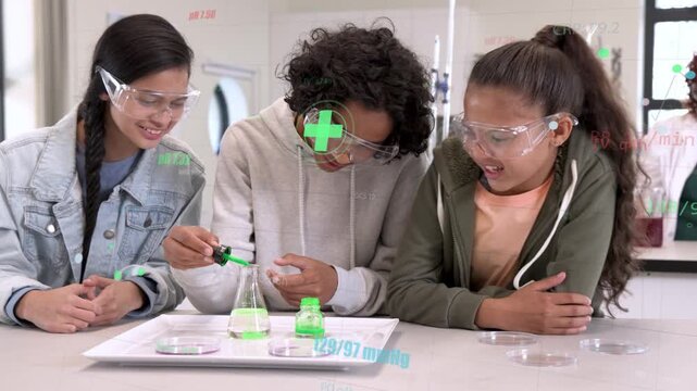 Students in lab, center student adding green drops to flask for experiment, overlay tracking change