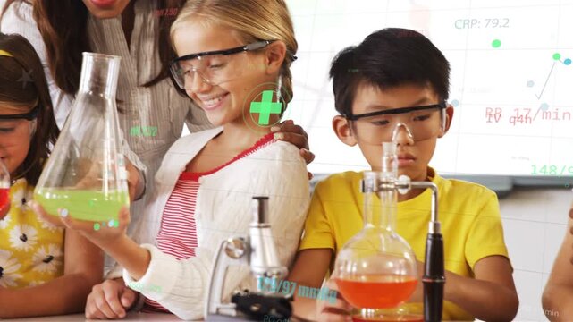 Teacher placing hand on student shoulder, guiding science class comparing colored flasks with scope