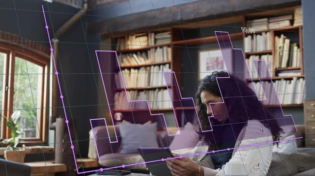 Woman tapping tablet and causing purple grid overlay with nodes and growing stepped finance graph