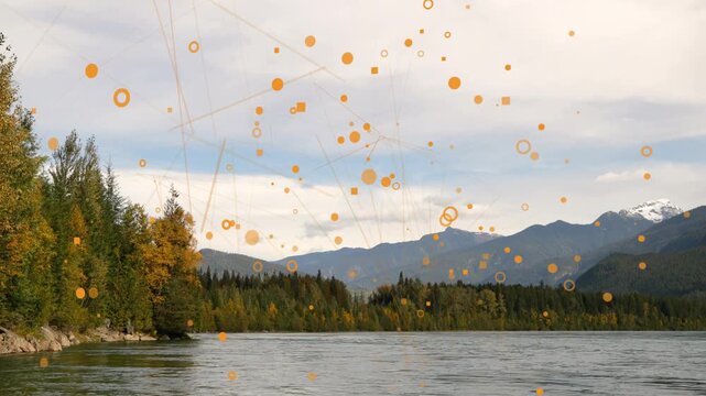 On start lake landscape showing orange dots appearing, spreading, forming net visualizing data flow