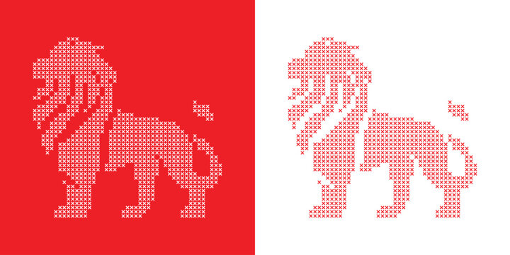 Pixel lion silhouette in cross stitch style red and white geometric animal pattern modern vector embroidery design