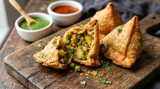 Delicious samosas with chutneys a vibrant indian snack presentation