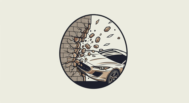 A car crashes through a brick wall, sending debris flying outwards