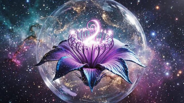 Cosmic Flower Blooms Inside Glass Sphere Amidst Nebula and Stars.