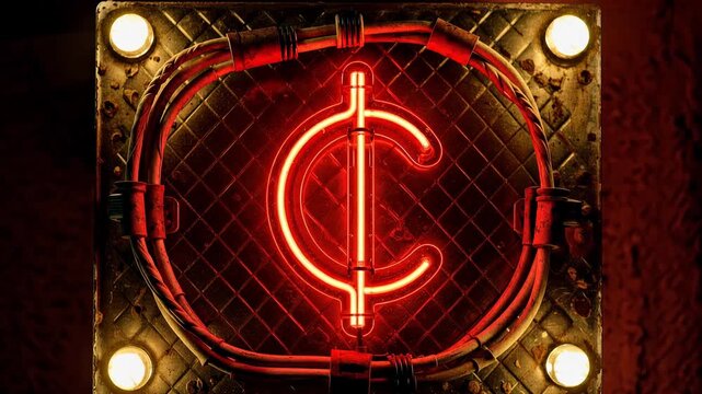 A glowing red neon Cent currency symbol illuminates an old dark industrial metal plate