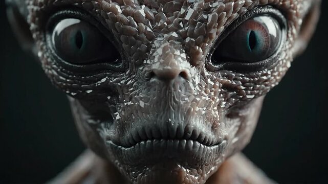 Detailed close-up portrait of a gray alien with large dark eyes and textured skin