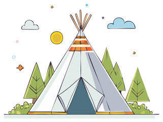 Fototapeta premium Cartoon illustration of a traditional tipi tent in a natural forest setting with sun, clouds, and bushes, ideal for outdoor themes.