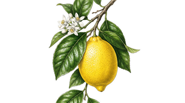 Vintage botanical illustration of a citron fruit with blossoms and leaves